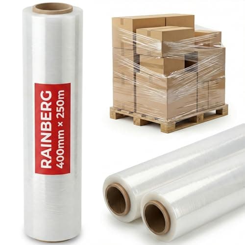 Rainberg Strong Heavy-Duty Stretch Film for Pallet Wrapping, Packaging, and Moving for Furniture, Luggage, and Parcels, Water & Moisture Proof Pallet Stretch Shrink Wrap rolls 400mm x 250m (Clear, 2)