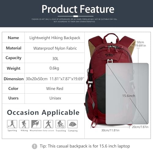 Lightweight Hiking Backpack, 20L Women/Men Waterproof Travel Rucksack Bag with Rain Cover, Outdoor Small Foldable Daypack for Student, Fit for 12.9 inch Laptop, Wine Red — view 2