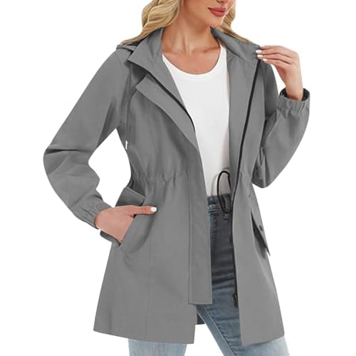 Keepink Womens Waterproof Jacket Detachable Hood Raincoat Drawstring Waist