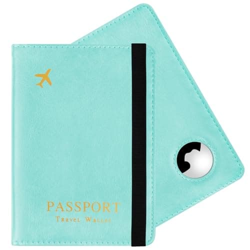 AOOSU Airtag Wallet Passport Holder Cover, PU Leather Passport Cover with RFID Blocking Travel Wallet, Portable Universal Travel Wallets Case Organiser for Money, Boarding Passes, Cards Light Blue