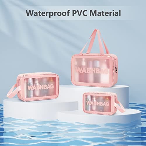 Aucuu 3PCS Clear Toiletry Bag, Wash Bag, Clear PU Makeup Bags, Waterproof Toiletry Travel Bags with Zipper Handle, Portable Airport Cosmetic B-ag for Travel Bathroom Men Women (Pink) — view 5