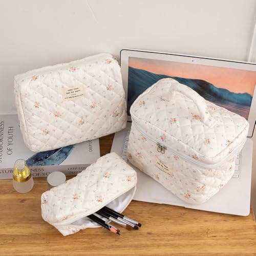 Aucuu 3PCS Coquette Makeup Bag, Quilted Makeup Bag for Women, Floral Cotton Cosmetic Bag Set, Large Capacity Aesthetic Floral Toiletry Bag, Travel Toiletry Bag, Wash Organizer Pouch for Women Girls — view 5