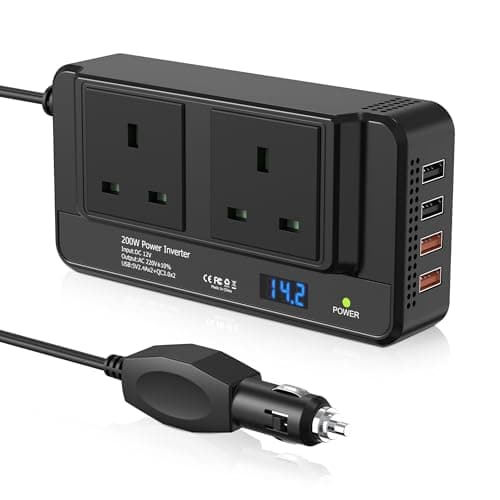200W Car Voltage Converter Inverter with 2 Sockets and 4 USB Ports Fast Charging Car Charger DC 12V to AC 230V with Cigarette Lighter Plug for Business Trips and Vacation