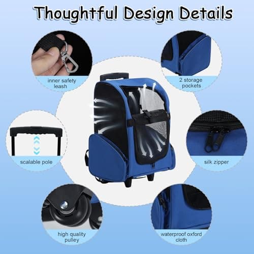 joukares 3-in-1 Portable Pet Carrier, Cat Backpack with Ventilation, Pet Stroller with Wheels & Telescopic Handle, Pet Carrier on Wheels, Carriers & Travel Products for Dogs & Cats Royal Blue — view 5