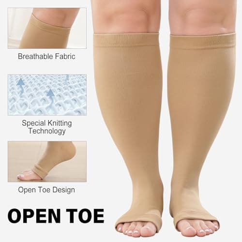 PUTUO Plus Size Compression Socks: Wide Calf Graduated Compression Stockings Men Women Open Toe Extra Large Compression Sock for Support Flight Travel Pregnancy Nurses 20-30 mmHg Beige 5XL 1Pairs — view 4