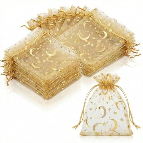 Hopzab 30 PCS Organza Bags with Drawstring Mesh Jewellery Bags Small Gift Pouches,Star and Moon Pattern,for DIY Gift Wrapping Storage,Baby Shower Wedding Birthday Party Festival(Gold)