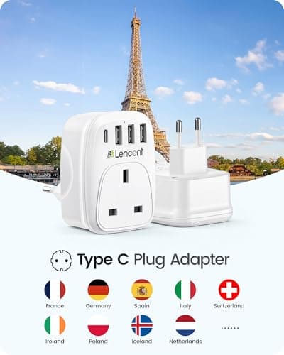 LENCENT UK to European Plug Adapter, EU Travel Adapter with 3 USB-A,1 USB-C — view 2