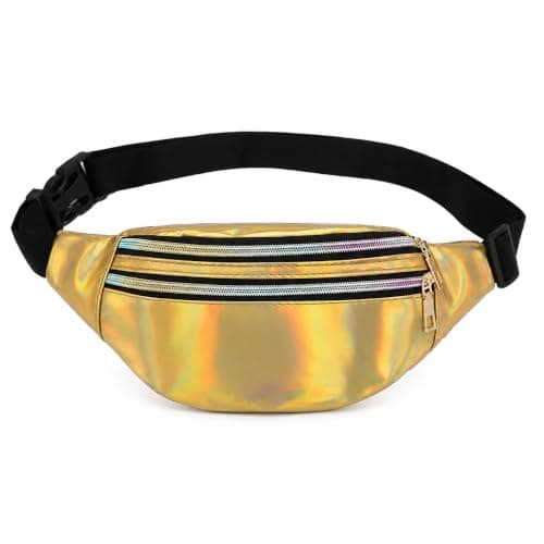 Fashion Metallic Bum Bag,Holographic Waist BagFanny Double Zipper Belt Bag Festival Rave Bumbags Waterproof Hip Pouch for Women Ladies Girls Travel Party Festival Sports Outdoor (Gold)