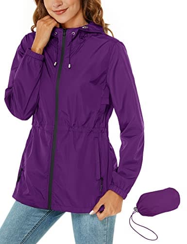 Rapbin Raincoat Women Waterproof Jacket Lightweight Rain Coats Outdoor Rain Trench Coat Packable Hooded Raincoats with Pocket Purple S