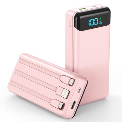 Power Bank 27000mAh,QC4.0 22.5W Fast Charging Portable Charger with Built-in 3 Cables, 4 Outputs & 3 Inputs Powerbank with LED Display for iPhone, Tablets and More Pink