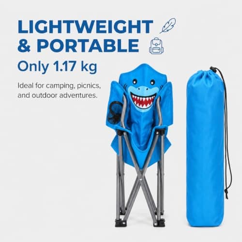 Envenzo Kids Folding Camping Chair, 4 Assorted Animal Designs, 600D Polyester, with Cup Holder and Security Lock, 35x35x60cm (1, BLUE) — view 4