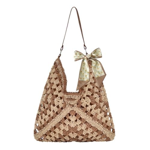 DAVBNM Straw Beach Bag for Women, Straw Shoulder Bag, Summer Tote Bags, Large Weave Handbags for Women, Casual Woven Travel Holiday Bags for Beach Vacation Outdoor Shopping Daily Use (Beige-2)