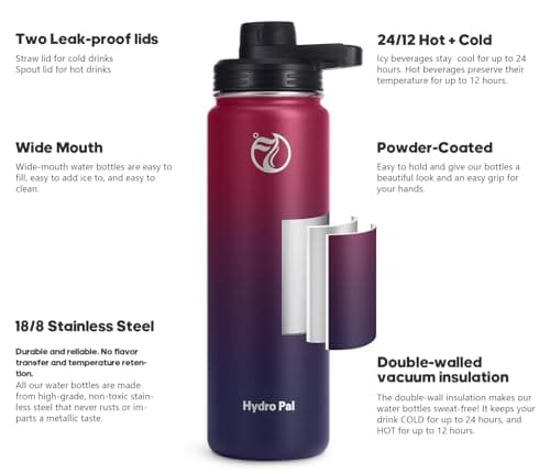 HydroPal Vacuum Insulated 750ml Stainless Steel Water Bottle with Dual Lids — view 2