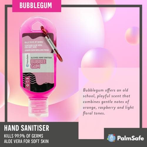 Palm Safe Bubble Gum 60ml Anti Bacterial Premium Hand Sanitiser Travel Size Refillable Clip Bottle Quick Drying Non Sticky Extra Moisturising Kills 99.9% of Viruses and Bacteria — view 5