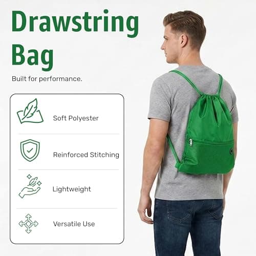 Bodygenix Unisex Drawstring Backpack for Sports – Lightweight Polyester Bag with Front Zip Pocket & Headphone Port – Waterproof Cinch String Bag for Sports, School, Swim, Travel & Beach Use - Green — view 2