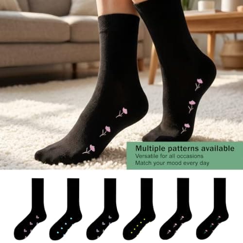 WeciBor Women’s Black Bamboo Socks 6-Pack, Breathable Seamless Crew Socks with Floral Pattern for Home, Commute & Travel, Moisture Wicking, Non-Binding, UK Size 4-7 — view 5