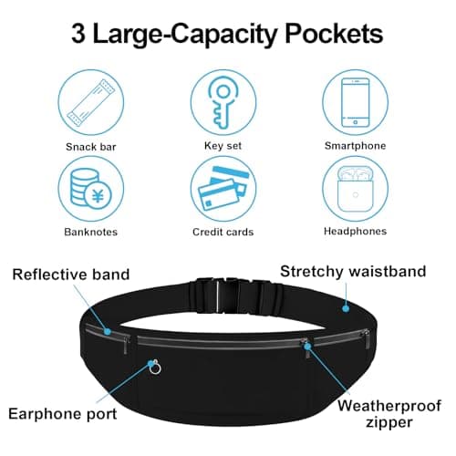 Running Belt, Waterproof Waist Bag with Reflective Strips Adjustable Waistpacks with Headphone Jack Fit Smartphone Up to 7.2 inch for Workouts Outdoor Activities (Black) — view 4