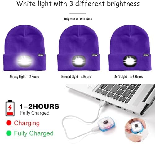 ATNKE LED Lighted Beanie Hat, USB Type C Rechargeable 4 LED Running Headlamp Ultra Bright Cap with Light Hands Free Head Torch Winter Warm Knit Beany Gifts for Men and Women/Purple — view 6