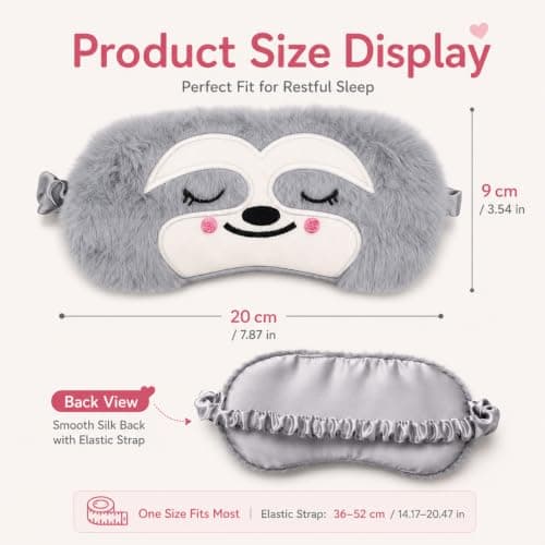 Blackout Sleep Masks, Soft Plush Eye Mask, Cute Sloth Animal Sleeping Mask for Girls Boys Women Men Kids, Eye Mask for Sleeping Travel Nap Night, Unisex (Grey) — view 2