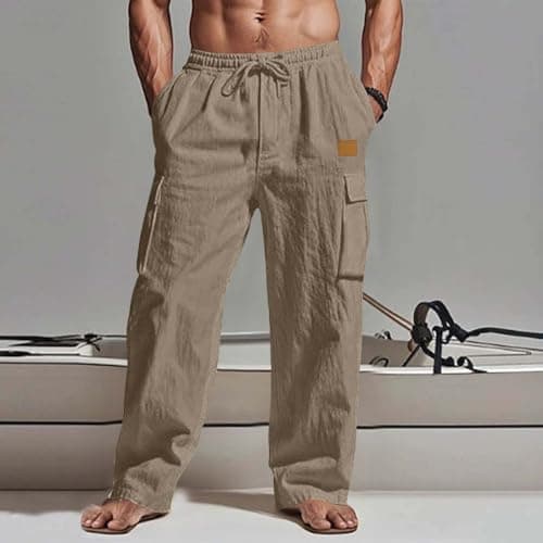 Men's Linen Trousers UK Cargo Combat Pants Casual Jogger Elastic Waist Drawstring Outdoor Trousers Loose Fit Plain Sweatpants Cotton Linen Pants with Multi Pockets Full Length Bottoms — view 2