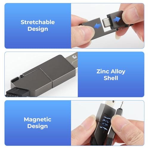 AHRLIC 4-in-1 USB Charging Cable Keychain – Zinc Alloy, Multi-Adapter Charger Cord for USB, Type-C, Micro USB, iOS Port Devices – 60W Fast Charging, Magnetic Stretchable Travel Cable (Dark Gray) — view 5