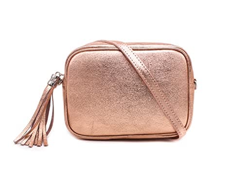 Women Classic Design Lightweight Genuine Italian Leather Crossbody Shoulder Handbag Practical Ladies Casual Camera Handbag With Tassel Charm (Rose Gold) (Rose Gold)