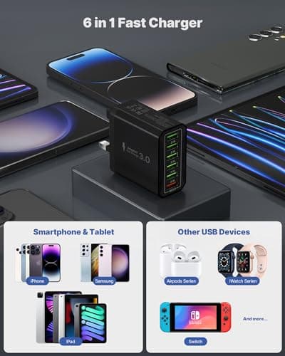 33W USB Plug Fast Charge, 6-Port Multi Charger Plug UK Charging Plug Power Adapter Multiple Quick Charge 3.0 Wall Plug for iPhone 16 15 14 13 12 11 Pro Max XR XS 8 Plus, iPad, Samsung, Handy — view 6