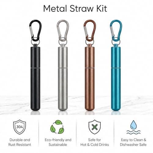 Metal Straws Reusable Drinking, 4 Pack Foldable Travel Straws with Carry Case, 304 Stainless Steel, Adjustable Length up to 23cm, Includes Cleaning Brush, Eco-Friendly — view 2