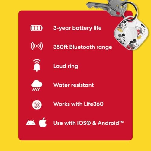 Life360 x Disney Tile - Bluetooth Tracker, Keys Finder and Item Locator for Keys, Bags and More. Phone Finder. Both iOS and Android Compatible. 1-Pack (White) - Mickey — view 5