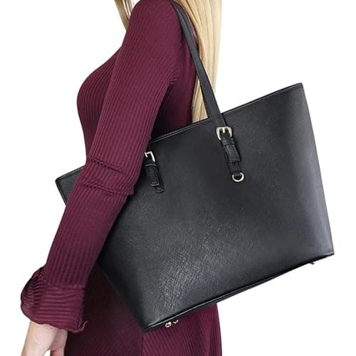 AOSSTA Women's Large Faux Leather Shoulder Tote Bag with Zip (BLACK) — view 2