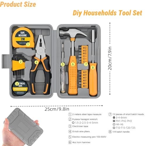 24pc Yellow Home DIY Tool Kit Set - Essential Household Hand Tools in Portable Storage Box for Home, Office & Garage Repairs - Starter Basic Tool Kit for Men & Women — view 2