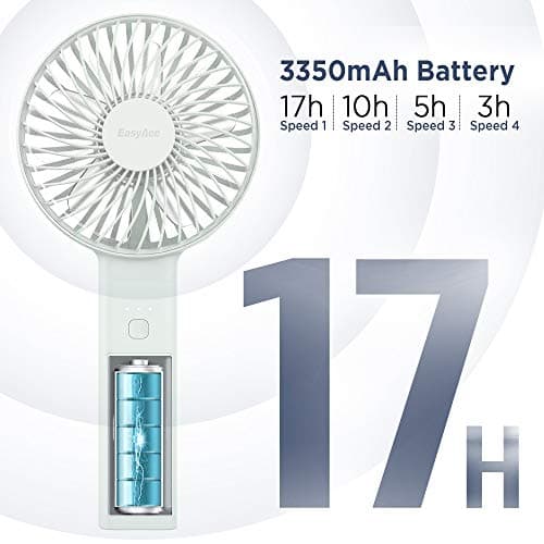 EasyAcc Handheld Fan, Portable, Battery, USB Fan/Portable Mini Fan, Electric, 17 Hour Rechargeable Battery, Foldable, Compatible with Laptop Multi Port Socket for Travel, Home, White — view 2