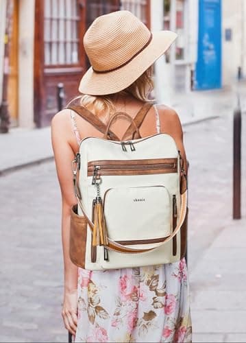 Shrrie Vegan Leather Laptop Backpack for Women 15.6 inch Work Backpack Fashion Travel Backpack Purse for Business College-Beige with Brown — view 2