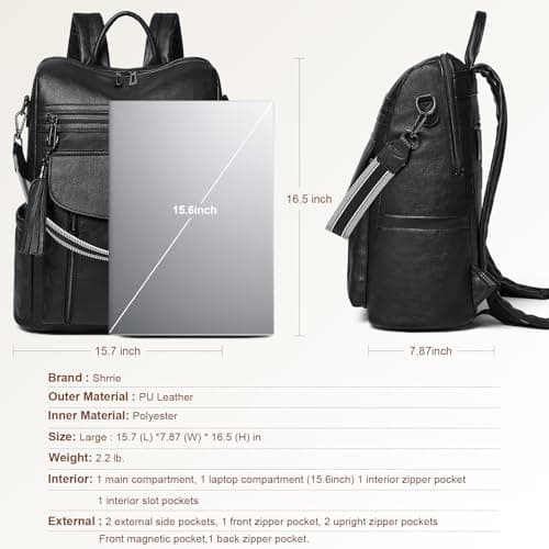 Shrrie Laptop Backpack for Women 15.6 inch,Travel Leather Backpack Purse Nurse Teacher Carry on Backpack,Professional Water-Resistant College Business Work Casual Daypack,Two-tone Black — view 3