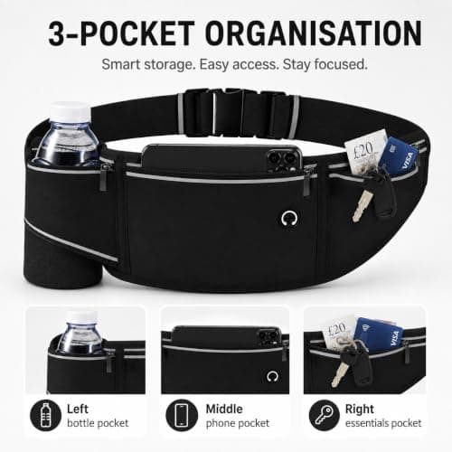 Qoibraze Running Belt with Water Bottle, Phone Holder, 3 Pockets, Black — view 2