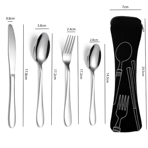 LAWALEISHE 4 Pcs Cutlery Set with Portable Pouch Case, Stainless Steel Flatware Camping Utensil Set Knife, Fork, Spoon with Neoprene Bag for Outdoor Travel Picnic Office School Lunch Box — view 2