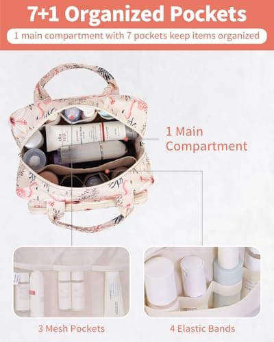Narwey Full Size Toiletry Bag Large Wash Bag Makeup Bag Travel Organizer Cosmetic Bag for Women (Beige Flamingo) — view 3