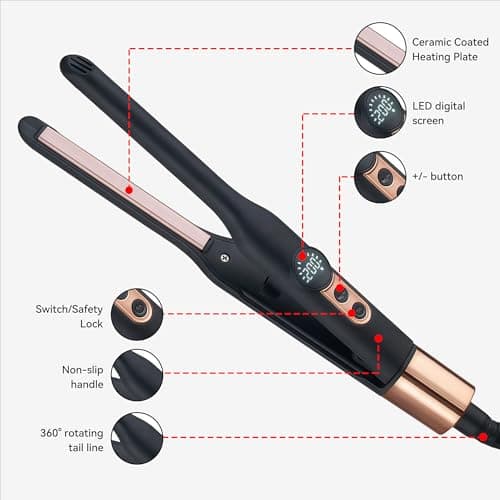 Hair Straightener with Extra Slim Plates, Mini Pencil Flat Iron for Short Hair, Pixies, Bangs, Small Curls & Beard, Digital Display, 5 Temp Settings 120-200°C, Fast Heat Up (Black) — view 5