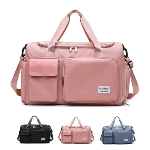 Sports Gym Bag Foldable Overnight Weekend Bags Womens Mens Duffel Bag with Shoes Compartment Water Resistant Holdall with Wet and Dry Separation Bag for Sports and Travel (Pink)