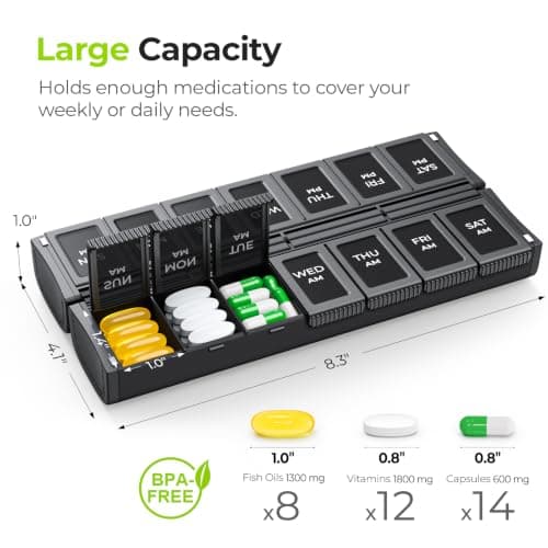 AUVON Innovative Foldable Weekly Pill Organiser 2 Times a Day with Large Capacity, Pill Box 7 Day AM PM with Dual Protection, User-Friendly Travel Tablet Organiser for Medications, Fish Oils, Vitamins — view 3