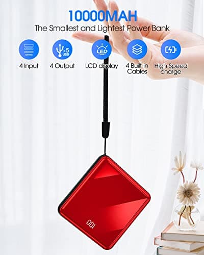 Portable Charger, 10000mAh Power Bank with Built in 4 Cables, Slim Smallest Portable Charger LED Display, External Battery Pack Travel Essential Phone Charger for iPhone Samsung iPad Android (Red) — view 2