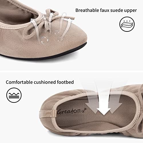 Greatonu Women's Ballet Pumps Comfort Foldable Portable Travel Slip on Slipper Bow Tie Flats Shoes Beige UK 3 — view 5