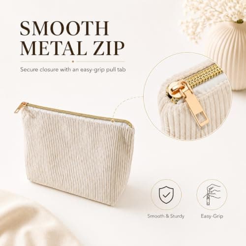 2 Pack Beige Corduroy Makeup Bags - 22x12x7cm Small Cosmetic Pouch Set with Metal Zip for Handbag Travel Toiletries Daily Storage — view 5