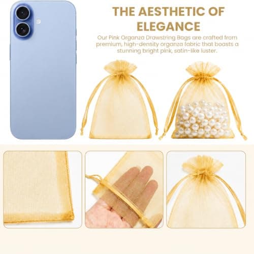Admygo Gold Organza Bags 50PCS, Small Gift Bags 7x9 cm Clear Mesh Pouches with Drawstring, Mini Favour Bags for Wedding, Christmas, Birthday, Candy, Jewellery, Party Supplies — view 3