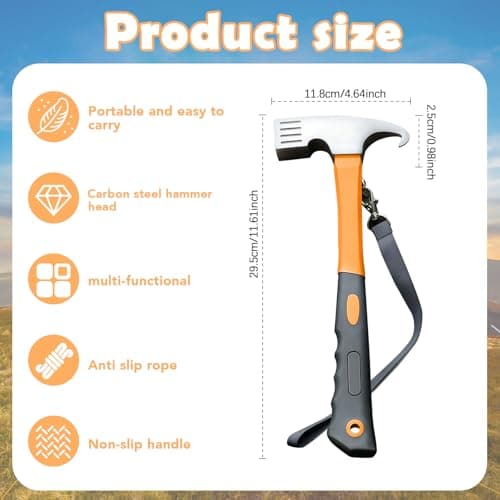 Camping Hammer with Tent Stake Remove, 12 inch Outdoor Multifunction Camping Mallet for Tent Pegs with Holding Strap and Tote Bag, for Outdoor Camp Picnic, Rustproof, Non-Slip Comfortable Grip — view 2