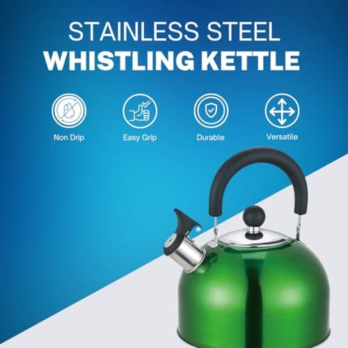 Premium Stainless Steel Whistling Kettle | 10 Colors | Stove top | Non-Drip Pouring Spout | Cool Touch Handle | Whistling Spout | 2.5L Capacity (Metallic Green) — view 2