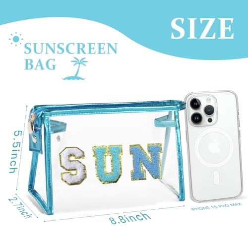 COSHAYSOO Clear Makeup Bag Preppy Sunscreen Skin Beach Travel Zipper Pouch Cosmetic Stuff Make Up Organizer for Women Teen Girls, Trendy Cute Chenille Letter Patch Small Waterproof Purse (Blue Sun) — view 2