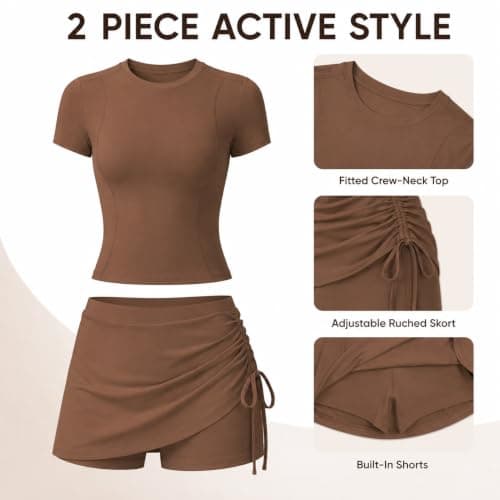 Women's 2 Piece Workout Set Short Sleeve Top and Ruched Skort (Graphite gray,S) — view 3
