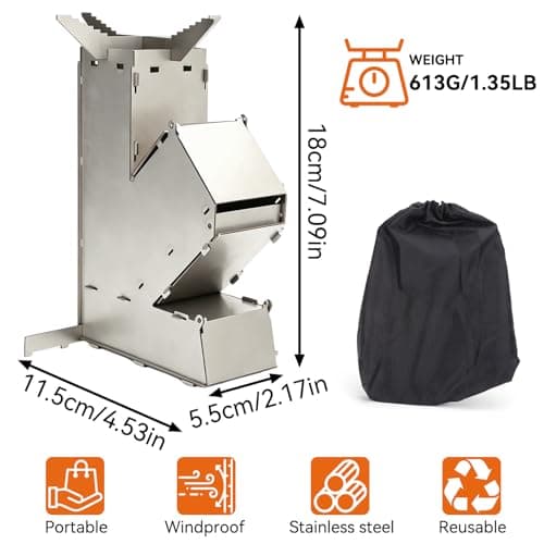 Camping Rocket Stove, Portable Camping Stoves Stainless Steel Wood Burning Grill Detachable Grill with Storage Bag for Outdoor Hiking BBQ — view 4