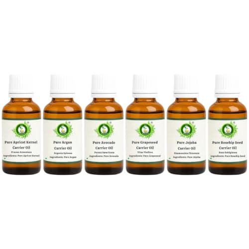 R V Essential Pack of 6 Carrier Oil Set Apricot Kernel Argan Avocado Grapeseed Jojoba Rosehip Seed 100% Pure Natural for Skin Hair Relaxation Soap Lip Balm Creams Lotions Gift Set DIY 15ml (0.507oz)